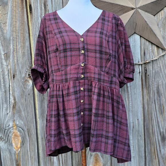 Plaid Babydoll Top Torrid Plus Size 2X Smocked Puff Sleeve Button Stretch Gauze - Picture 1 of 9